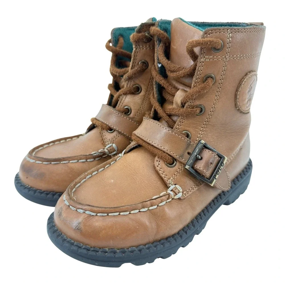 Polo Ralph Lauren Kids Tan Leather Ranger Hi Lace Up Buckle Boots Size 10